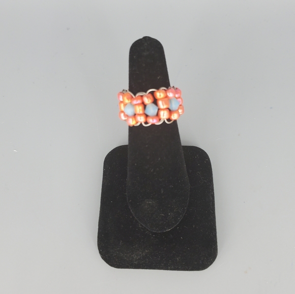 Red & Seagreen Swarovski Beaded Ring - Picture 2 of 10